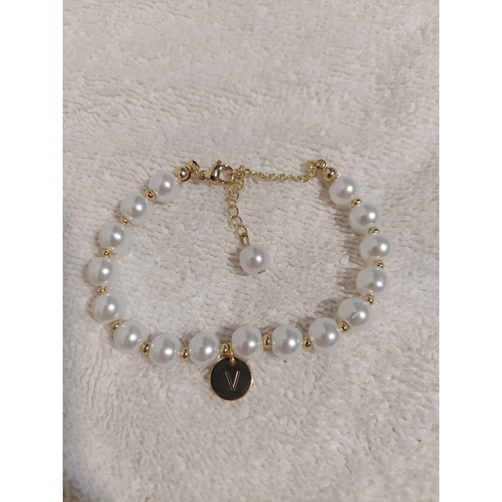 Gold‎ Tone Pearl Bracelet with V Charm